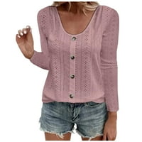 Cotonie Women's gumb dolje bluze zazor $ casual okruglog majica dugih rukava na vrhu ružičaste, l
