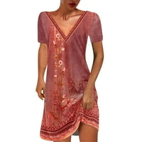 Ljetne haljine za prodaju za žene Plus veličine kratkih rukava Tisak cvjetnog uzorka V-izrez Midi Fit and Flare Y2K moda Retro Vintage Odmor za odmor A-line Swing Hem Ruched haljina