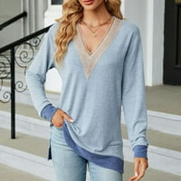Strungten ženska modna čvrsta boja V-izrez čipka V-izrez Top Boja blok spajanje Split labav majica s dugim rukavima