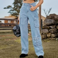 Hlače za žene Trendi Trendovi Ženski proljetni ljetni džepni gumb Srednji strukske hlače svijetlo plava