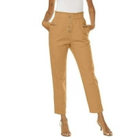 Ženske pamučne i posteljine pantalone plus dugme za veličinu elastične struine čvrste boje pravne hlače