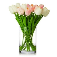 Enova Home Umjetni pravi dodir Tulipani lažni svileni cvjetovi raspored u staklenoj vazi s Fau Water za dom Dekor bijela ružičasta