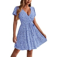 Ženska modna ljetna V izrez cvjetni temperament Swing haljina casual haljina Ženska casual haljina plava