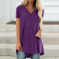 Aoksee Womens Ljetni vrhovi Plus veličina modni čvrsti V izrez Labavi kratki rukav majica Blouse Purple, S-5XL