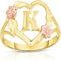 Floreo 10k žuto zlato A-Z Pločni prsten sa srcem i ružinim zlatnim cvjetnim dizajnom, veličine 4-9
