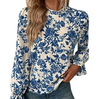 Huaai ženski cvjetni ispis kravata ruffle dugih rukava labav vrhovi plutana radna majica bluza casual flotsy košulje plave m