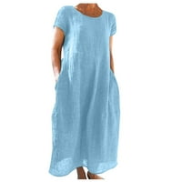 Ženski okrugli izrez Loungewear Ležerne prilike labave boje, pamučna posteljina haljina za kratki rukav