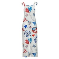 Flowy Jumpsuits za ženske kvadratne kožnice bez rukava za zastavu za ispis remen Ženski Zbirki Dan nezavisnosti Plus size Backless Lood Longysuit ROMper kombinezon bijeli xxxl