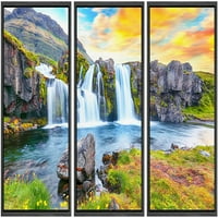 Zid uokviren platno Ispiši zid Art Set Islandski zalazak sunca Mountain Vodopad priroda Divljine Fotografije Realizam Dekorativni krajolik Šareni za dnevni boravak, ured - 16 x24 x3