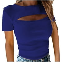 Čvrsta boja obična majica kratki rukav Tees Ljetna tunika Žene T-majice Crewneck vrhovi labavi oblici Ležerni elegantni Dressy Blue S