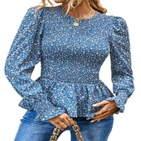 Dame cvjetni print pulover seksi dnevni odjeća vrhovi dugih rukava ruffled loungewear TEE majica plava