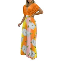 Ženski ljetni modni temperamentni ispisani casual v vrat kratkih rukava za noge na rukavima dva seta, narandžasta, l