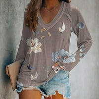 Tking modni vrhovi za žene s dugim rukavima V izrezom cvjetni ispis bluza pulover košulje kaki 2xl