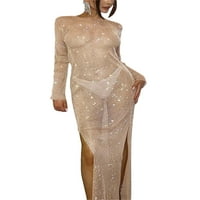 Ženske shinny mrežice prekrivač haljina Rhinestones okrugli vrat dugih rukava vid-do Split Smocks party