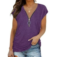 Plus veličine za žene Ljeto kratki rukav Zip up v izrez T-majice Soild boja lagana trendi udobna tunika Bluza Elegantni posao Top Purple S