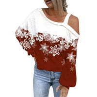Haxmnou Women božićne asimetrične rame rosica plaid snježna pahuljica Ispis dugih rukava bluza s majicom