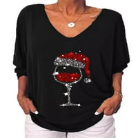 WRCNOTE DAMIES XMAS majica V izrez Božićni vrhovi bluza tunika Festival tuničke festival Basic Tee Wine Glass Print pulover crne s