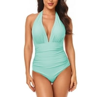 Seksi ženski kupaći kostimi Halter ruffled bikini Solid Boja jedno kupanje za žene Cyan XL