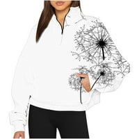 Fatuov Zip Up Dukseri za žene Zimska odjeća Otvorene labave rukave pulover sa džepnim cvjetnim printom rukom ovratnik od labavih crnih dukseva