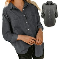 Košulja za gumbu za žene Ženska traper majica Labavi dvostruki džep dugih sveturnih rukava na dugim