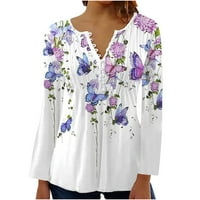 Tee majice Žene Fall Etničko cvjetni boemski vrhovi Dugi rukav Henley vrat V CATL CATCT dolje majice Bluza za žensko čišćenje ljubičaste boje