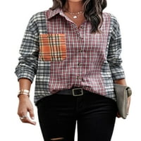 Grianlook Žene labavi dugi rukav vrhovi rever za patchwork majice ured plairana bluza siva l