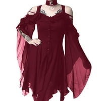 Haljine za žene Ženska modna tamna u ljubavi Ruffle rukavi s ramena Gotic Midi haljina vina