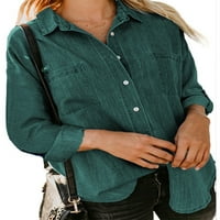 Bomotoo Žene Loose vrhovi rever vrat Jean košulja Jean Ležerne prilike pune boje traper košulje Crno-zeleno 2xl