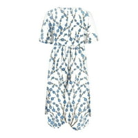Ljetne haljine za žene Midi haljina kratki rukav boemski a-linijski ispisani partijski okrugli dekolte dress plavi xl