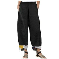 Pamučne posteljine obrezane hlače za žene ispis elastičnih struka širokih nogu Casus Casual Baggy Lounge pantalone s džepovima dame odjeću