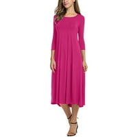 Ženska haljina Žene dugih rukava Crew Crt Midi haljina puna boja casual ruched closety haljina vruća ružičasta L