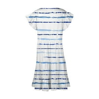 Clearsance Ljetne haljine za žene okrugli izrez iznad temperamenta koljena A-line ispisane kratkih rukava za putovanja kratkim rukavima plavi xl