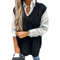 Kali_store kabel pletene džemper žene žene zimski prsluk džemperi bez rukava Vintage kabl pleteni vrhovi crne boje, m