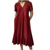 Summer haljina Ženska kratka rukava Solid V-izrez Labavi Ležerne prilike Up up up udred Calf haljina crvena