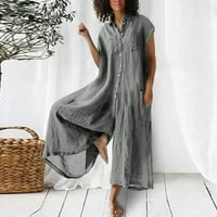 Ženska široka noga pamučna posteljina kombinezon opuštena puna gumba kratki rukav rever hlače moda modna ležerna dnevna siva s