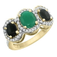 14k žuto zlato prirodni kabochon smaragd & crni ony 3-kameni prsten ovalni dijamant akcent, veličina