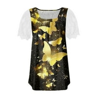 Hanas ženski gornji modni ljetni ženski kvadratni vrat Pleased čipka kratkih rukava majica Butterfly Print Top Yellow M