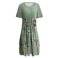 Ljetne haljine za žene kratki rukav A-linijski duljina koljena boemska zabava tiskana okrugla dekoltena haljina zelena s