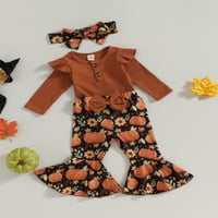 Qinghua novorođenčad Dječja djevojka Halloween Outfits Rib Knit Dugim rukavima Romper bundeve Print Flare hlače Traka za glavu Odjeća od narančaste pukotine 18-mjeseci