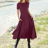 Haljine za žene plus veličine Ženska čišćenje A-line čvrsta posada vrata kratkih rukava duga modna haljina za pepum vino m