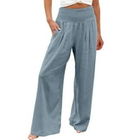 Tking modne ženske ljetne posteljine povremene ležerne labave elastične struke široke noge joga hlače sa džepovima nebo plavo l