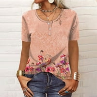 Hanas vrhovi za žene ljeto Retro majica, Henley okrugli vrat kratki rukav, prekrasan cvjetovi ispisani labavi fit cvjetovi ružičastim ružičastim m