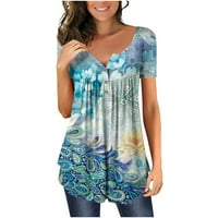 Žene Modni V- V-izrez cvjetni tiskani tunički tasteri majica s kratkim rukavima Plus veličine vrhova dame majice