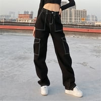 Ženski gumb High Squik Patchwork Džep elastične čvrste boje traperice Slim traper hlače Ženske traperice