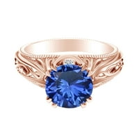 1. Okrugli oblik karata Plavi safir i prirodni dijamantni vintage stil prstena 14K čvrstog ruža zlatna