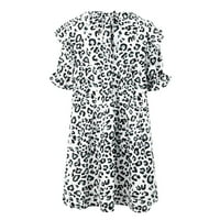Mini haljine za žene Ljeto casual kratki puff rukav Leopard posada Cvjetni ispis Ruffle Lood Flowy Swing Mini tunička haljina