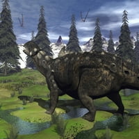 Euoprocefalus Dinosaur koji hoda u planini među jelama i onychyopsis postrojenja Poster Print