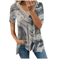 Ženski mramorni ispis bluza s kratkim rukavima T-majice Flowy Casual Ljetni vrhovi Crochet V izrez Tunika