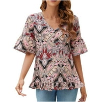 Ženska majica s kratkim rukavima s kratkim rukavima Boho Print Ruffle Hem bluza Ljetna casual top vino