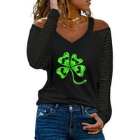Dnevna majica St. Patricks za žene Ležerne prilike Leprechaun Funny Clover Leaf Irish Shamrocks T-majice Labavi bluza Grafičke majice za žene hladno rame s dugim rukavima V-izrez crni s